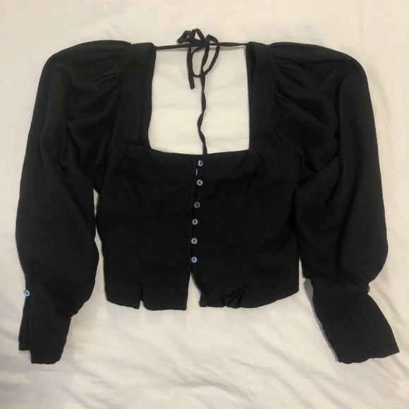 KHAITE BLACK BUTTON UP BUSTIER SHIRT CROPPED SQUARE NECK BLOUSE FULL SLEEVE - Picture 10 of 16